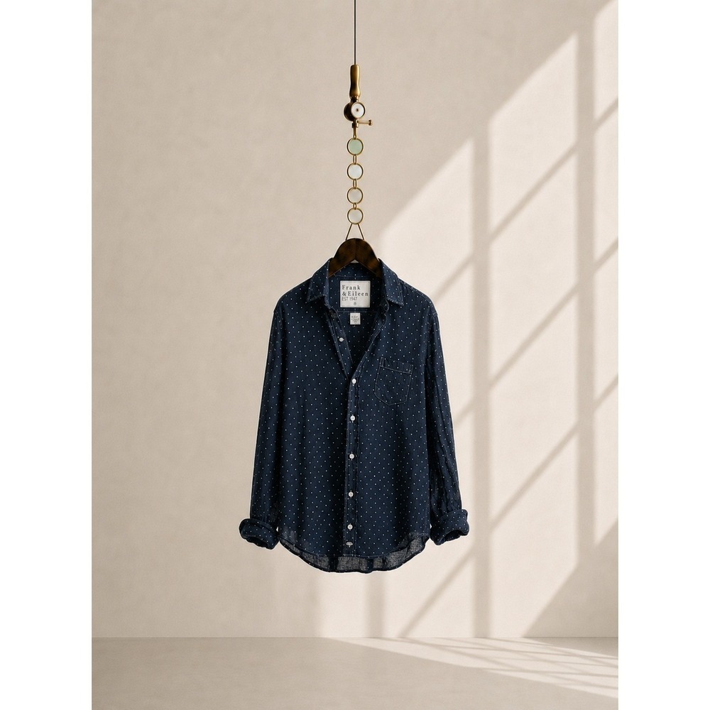 Frank & Eileen Eileen XS‎ Navy Polka Dot Linen Button Up Shirt Woven Italy